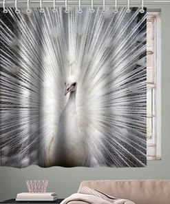 Modern White Peacock Feather Print Shower Curtain Elegant Wildlife Bathroom Decor Waterproof 