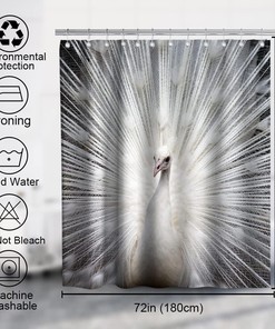 Modern White Peacock Feather Print Shower Curtain Elegant Wildlife Bathroom Decor Waterproof 