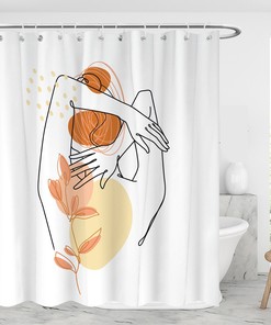 Modern Woman Body Shower Curtain - Minimalist Geometric Shapes and Leaves Design