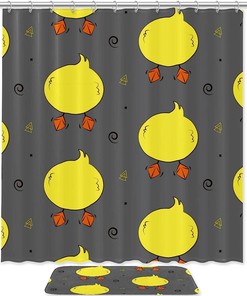 Modern Yellow Duck Pattern Shower Curtain with Absorbent Mat for a Playful Bathroom 