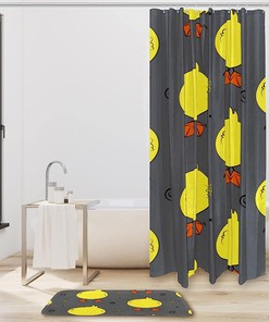 Modern Yellow Duck Pattern Shower Curtain with Absorbent Mat for a Playful Bathroom