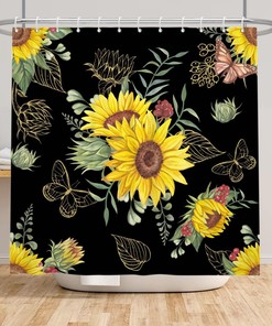 Modern Yellow Sunflower Shower Curtain with Floral Flower, Gold Butterfly and Green Leaves