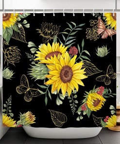 Modern Yellow Sunflower Shower Curtain with Floral Flower, Gold Butterfly and Green Leaves
