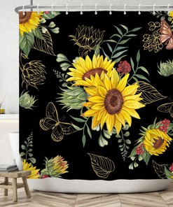Modern Yellow Sunflower Shower Curtain with Floral Flower, Gold Butterfly and Green Leaves