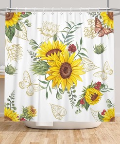 Modern Yellow and White Sunflower Shower Curtain with Floral Flower, Gold Butterfly and Green Leaves Bathroom Curtains