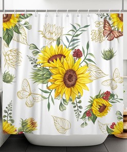 Modern Yellow and White Sunflower Shower Curtain with Floral Flower, Gold Butterfly and Green Leaves Bathroom Curtains