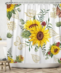 Modern Yellow and White Sunflower Shower Curtain with Floral Flower, Gold Butterfly and Green Leaves Bathroom Curtains