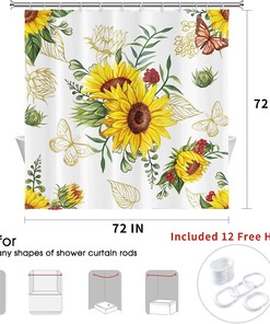 Modern Yellow and White Sunflower Shower Curtain with Floral Flower, Gold Butterfly and Green Leaves Bathroom Curtains
