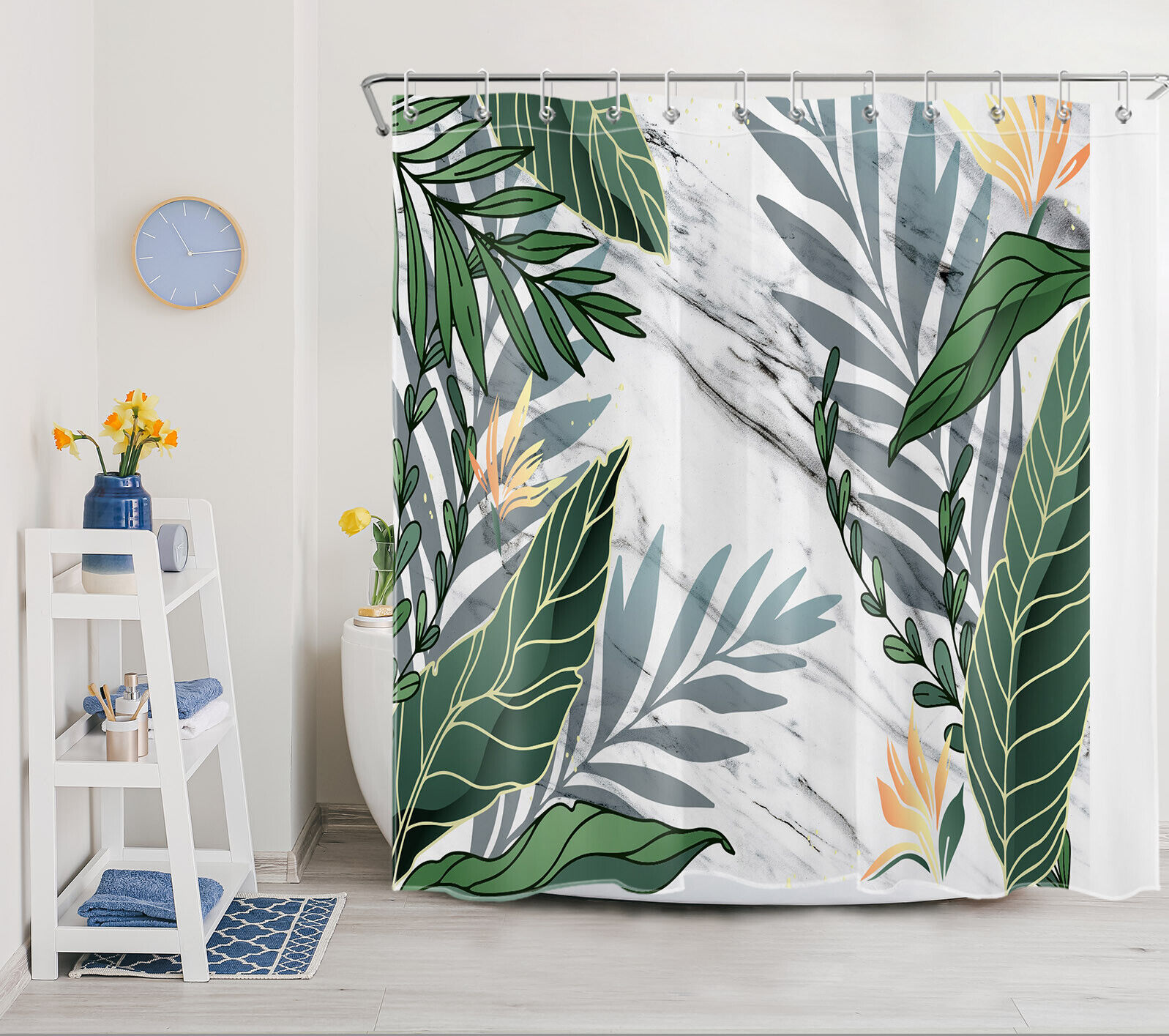 Modern and Chic Green Banana Leaf Print Shower Curtain for a Trendy Bathroom