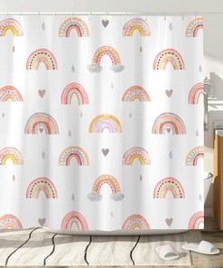 Modern and Colorful Rainbow Shower Curtain with Simple and Cute Boho Art for a Fun Bathroom Vibe