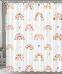 Modern and Colorful Rainbow Shower Curtain with Simple and Cute Boho Art for a Fun Bathroom Vibe