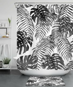 Modern and Stylish Palm Leaf Shower Curtain with Summer Grey Bathroom Accessories