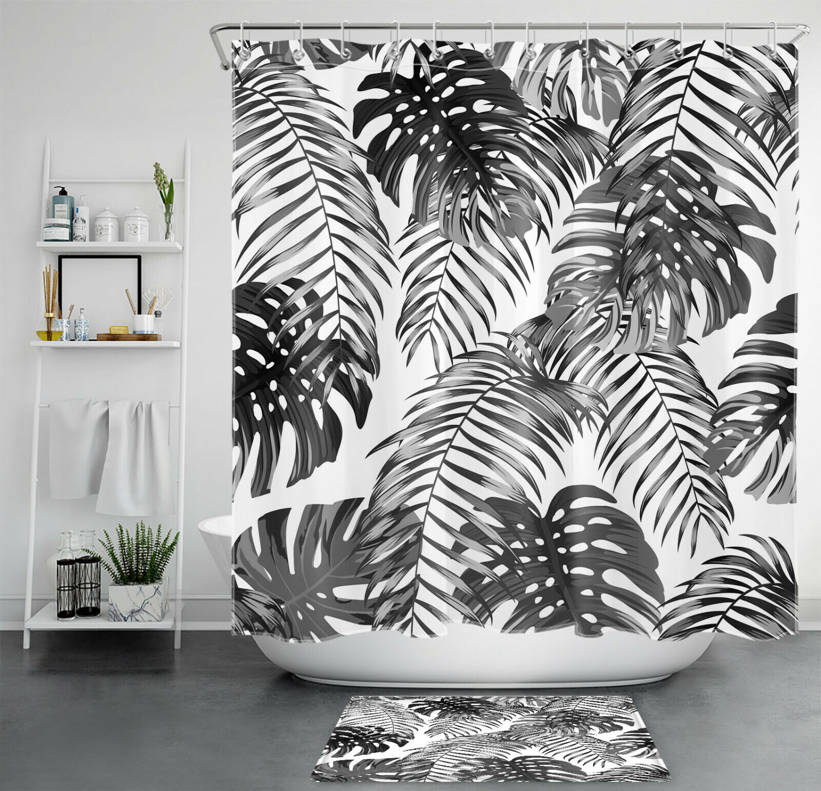 Modern and Stylish Palm Leaf Shower Curtain with Summer Grey Bathroom Accessories