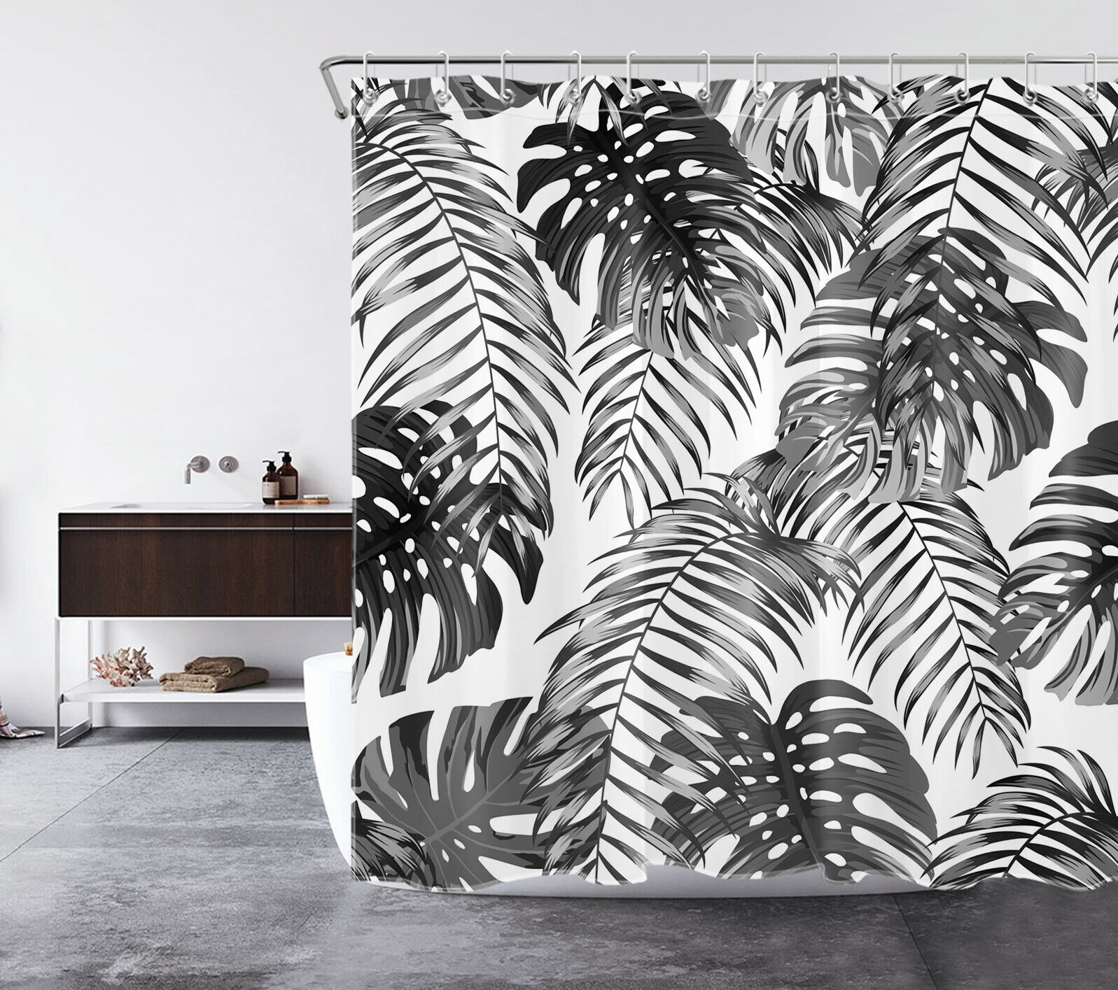 Modern and Stylish Palm Leaf Shower Curtain with Summer Grey Bathroom Accessories