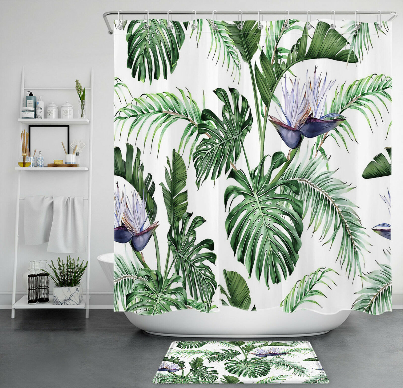 Modern and Trendy Green Leaf Monstera Flower Shower Curtain for Bathroom Decor