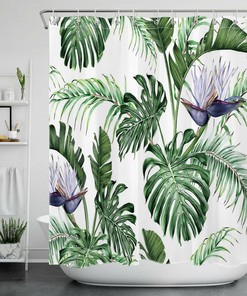 Modern and Trendy Green Leaf Monstera Flower Shower Curtain for Bathroom Decor
