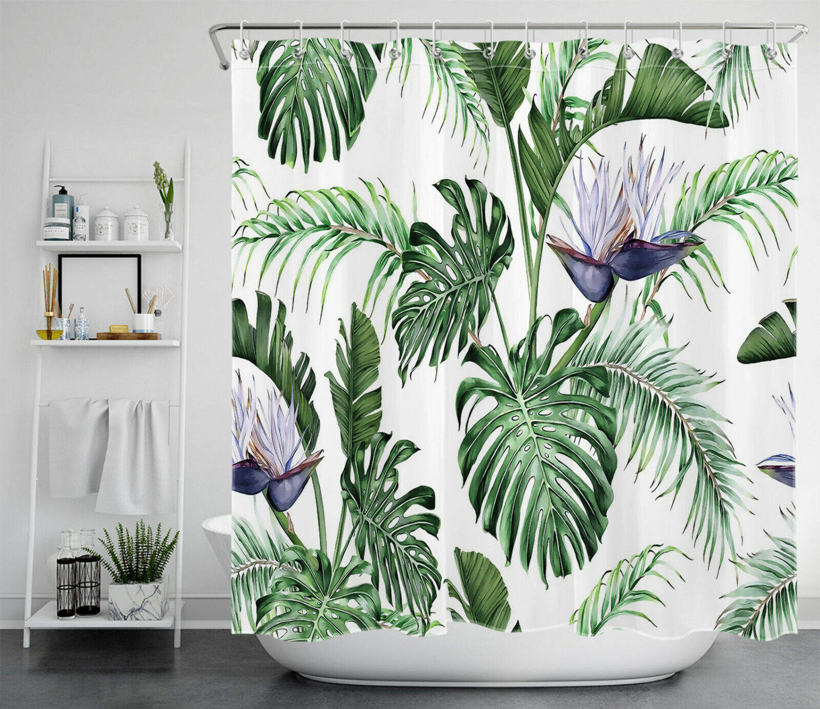 Modern and Trendy Green Leaf Monstera Flower Shower Curtain for Bathroom Decor