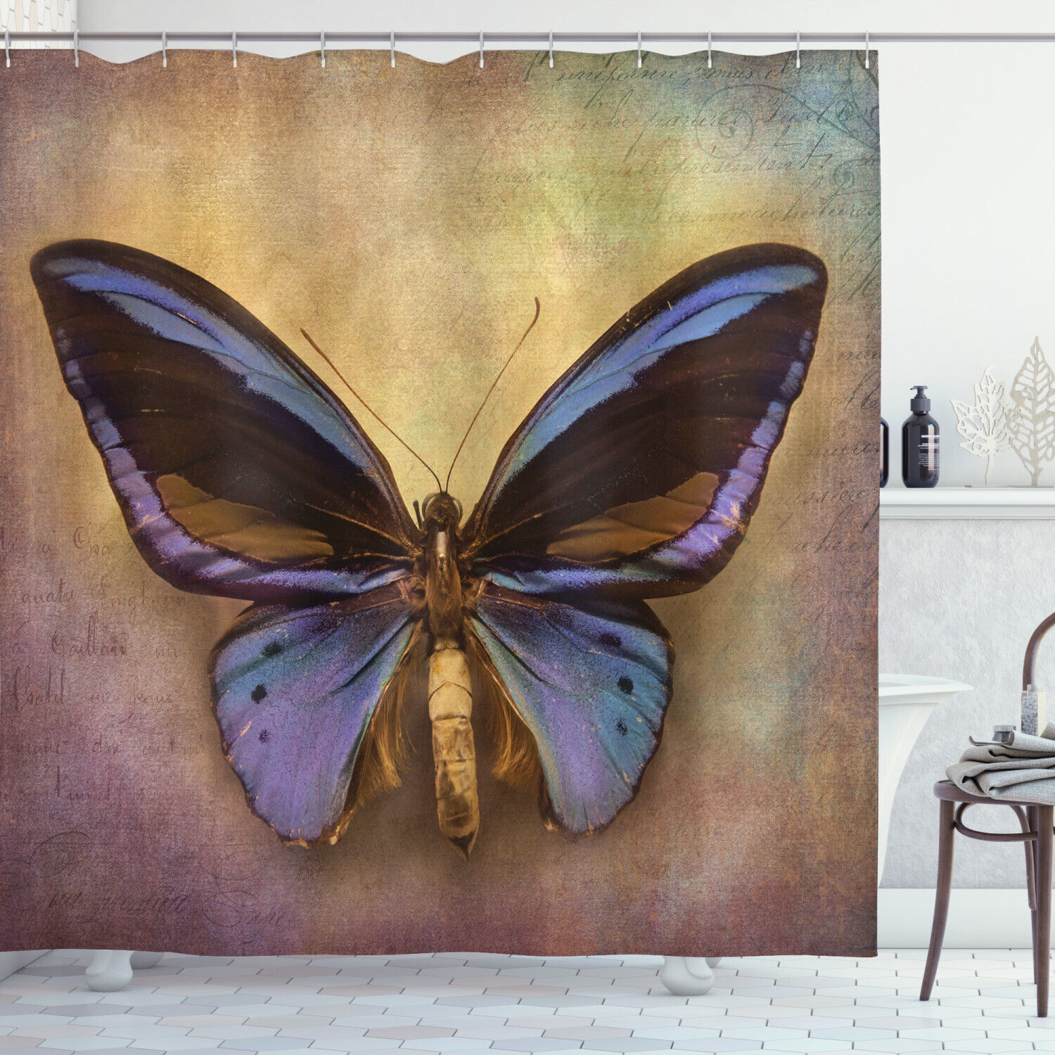 Monarch Butterfly Print Shower Curtain Set - Vintage And Rustic Bathroom Decor
