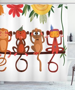 Monkey Animals Sitting on Tree Branch Print Shower Curtain for Kids' Bathroom 