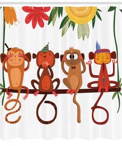 Monkey Animals Sitting on Tree Branch Print Shower Curtain for Kids' Bathroom 