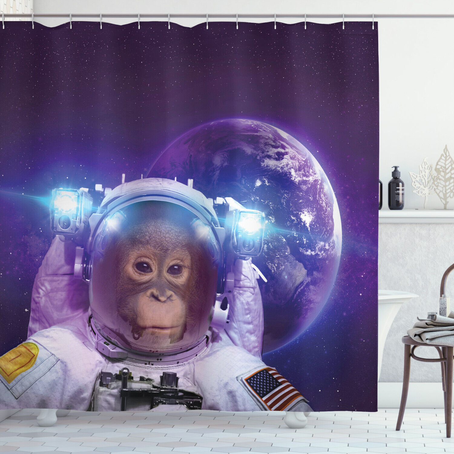 Monkey Astronaut Outer Space Shower Curtain for Bathroom