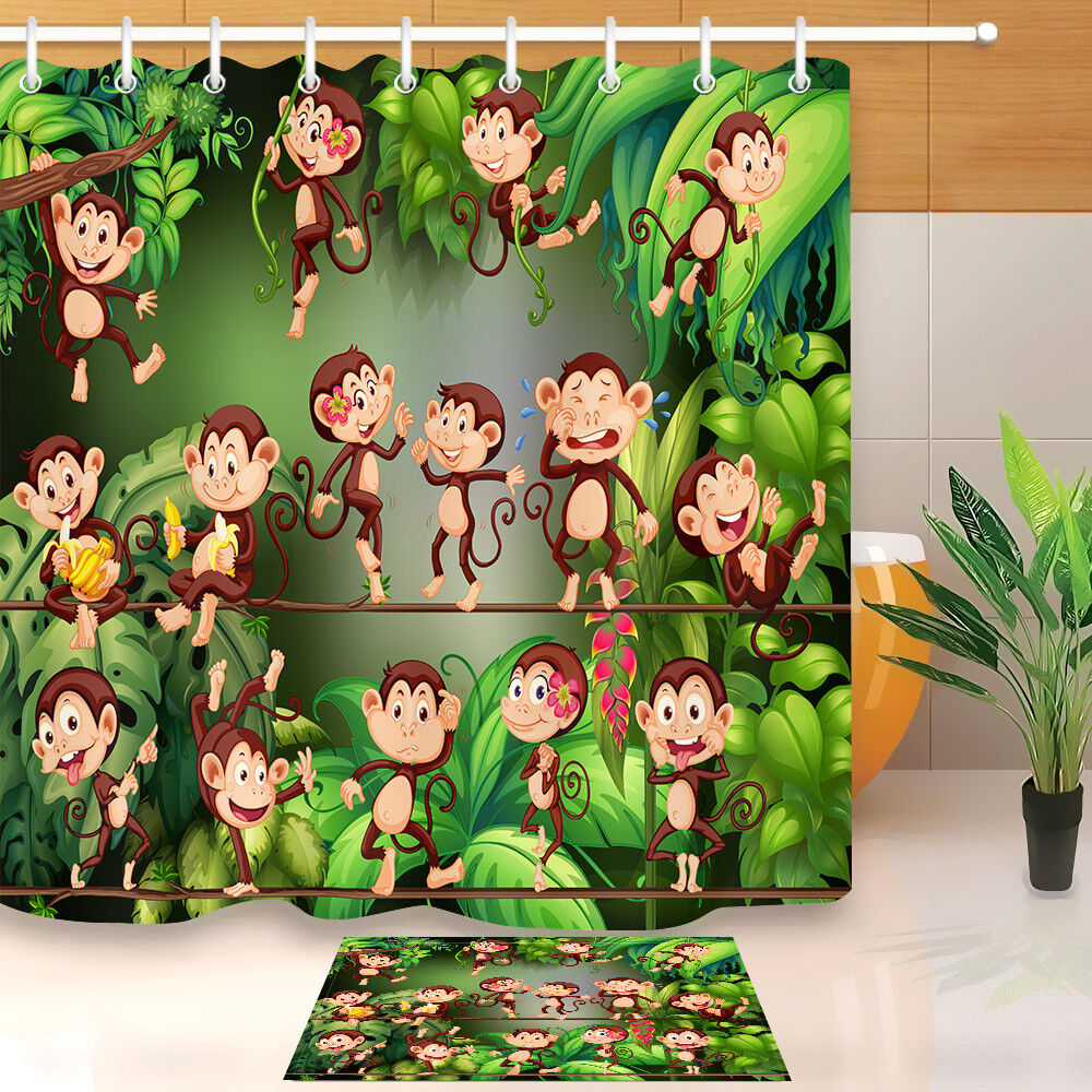 Monkey Playing in Jungle Shower Curtain - Waterproof Fabric Bathroom Decor