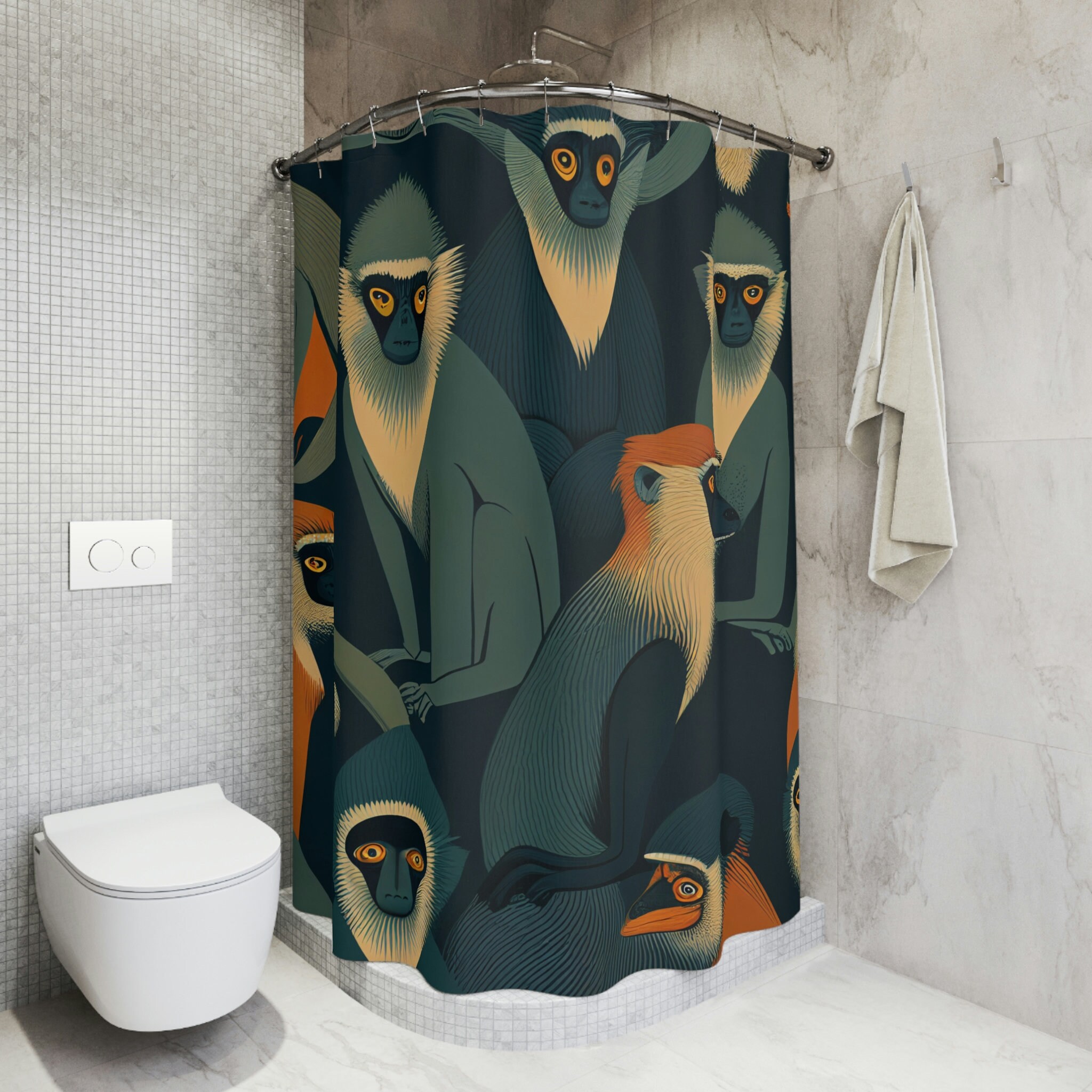 Monkey Shower Curtain with a Patterned Design for a Fun and Playful Bathroom Decor