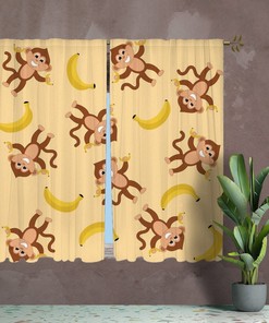 Monkey Theme Curtain Panels For Kids Room With Animal Design, Brown And Yellow Window Curtains