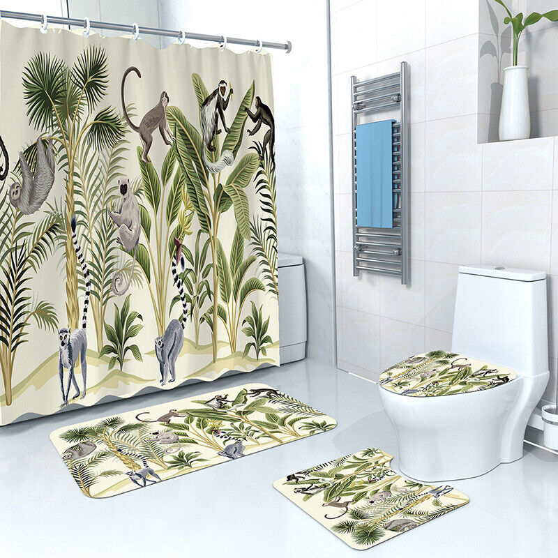 Monkey and Banana Tree Print Waterproof Shower Curtain for a Playful Bathroom