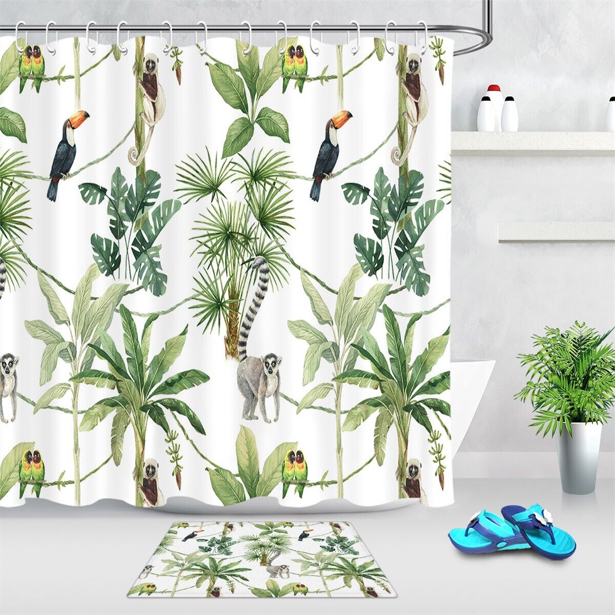 Monkeys Parrots Watercolor Tropical Palm Trees Shower Curtain for Bathroom