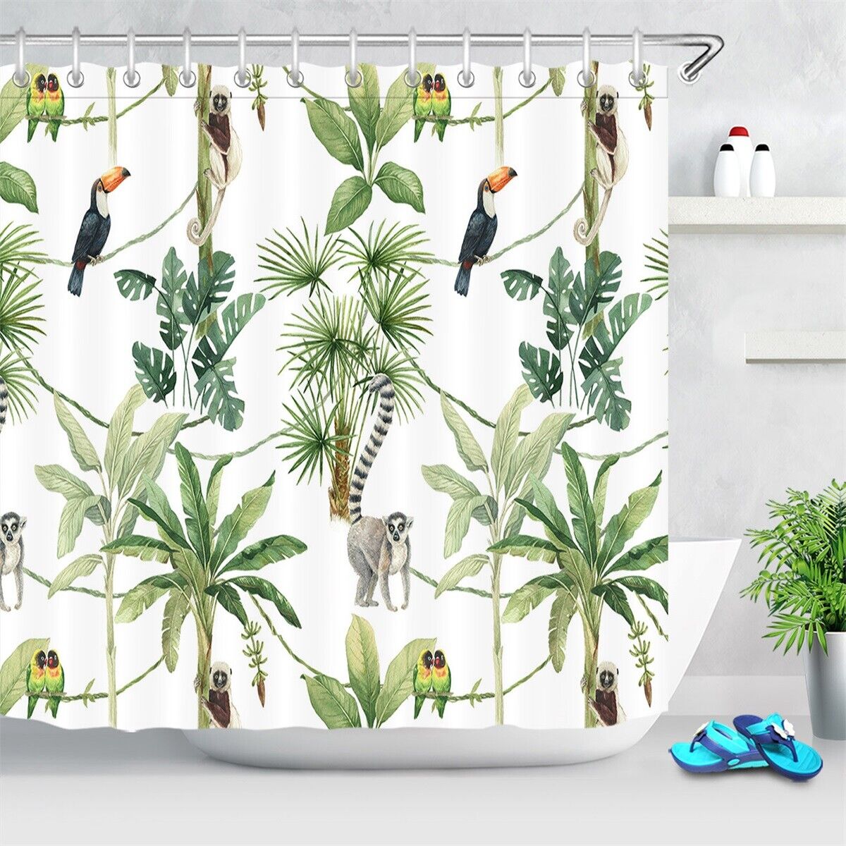 Monkeys Parrots Watercolor Tropical Palm Trees Shower Curtain for Bathroom