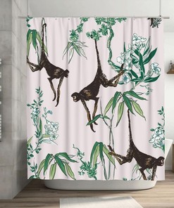Monkeys in Floral Trees Shower Curtain, Chinoiserie Oriental Pattern, Tropical Bathtub Fabric