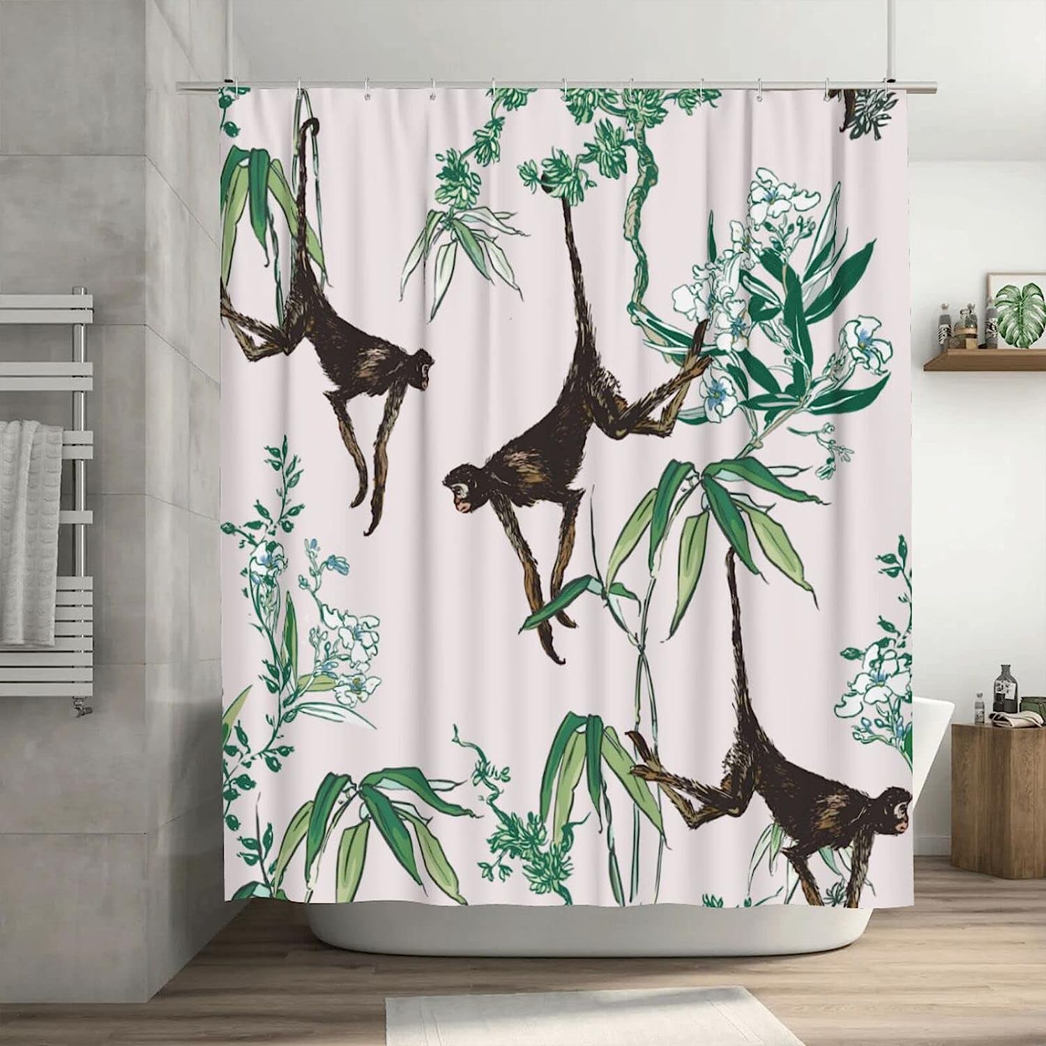 Monkeys in Floral Trees Shower Curtain, Chinoiserie Oriental Pattern, Tropical Bathtub Fabric