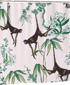 Monkeys in Floral Trees Shower Curtain, Chinoiserie Oriental Pattern, Tropical Bathtub Fabric