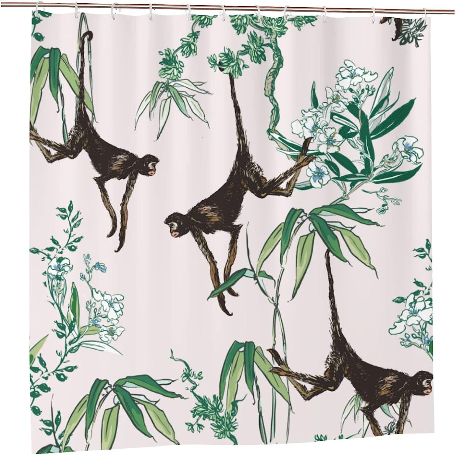 Monkeys in Floral Trees Shower Curtain, Chinoiserie Oriental Pattern, Tropical Bathtub Fabric