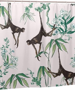Monkeys in Floral Trees Shower Curtain, Chinoiserie Oriental Pattern, Tropical Bathtub Fabric