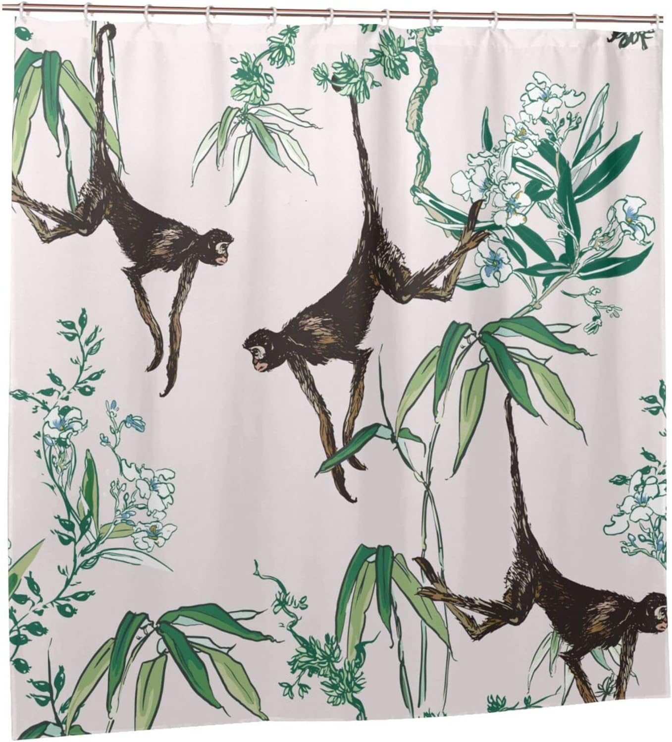 Monkeys in Floral Trees Shower Curtain, Chinoiserie Oriental Pattern, Tropical Bathtub Fabric
