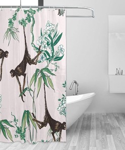 Monkeys in Floral Trees Shower Curtain, Chinoiserie Oriental Pattern, Tropical Bathtub Fabric