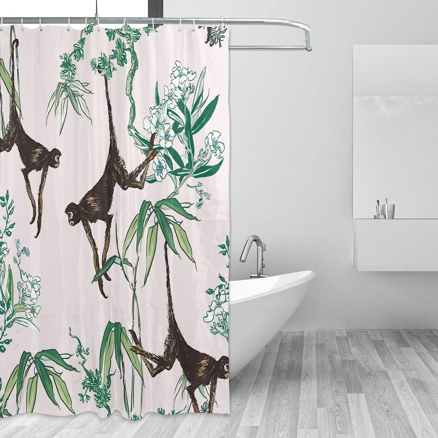 Monkeys in Floral Trees Shower Curtain, Chinoiserie Oriental Pattern, Tropical Bathtub Fabric