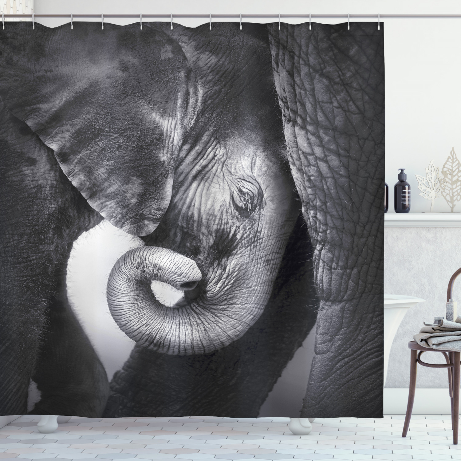 Monochrome Baby Elephant Portrait Print Shower Curtain