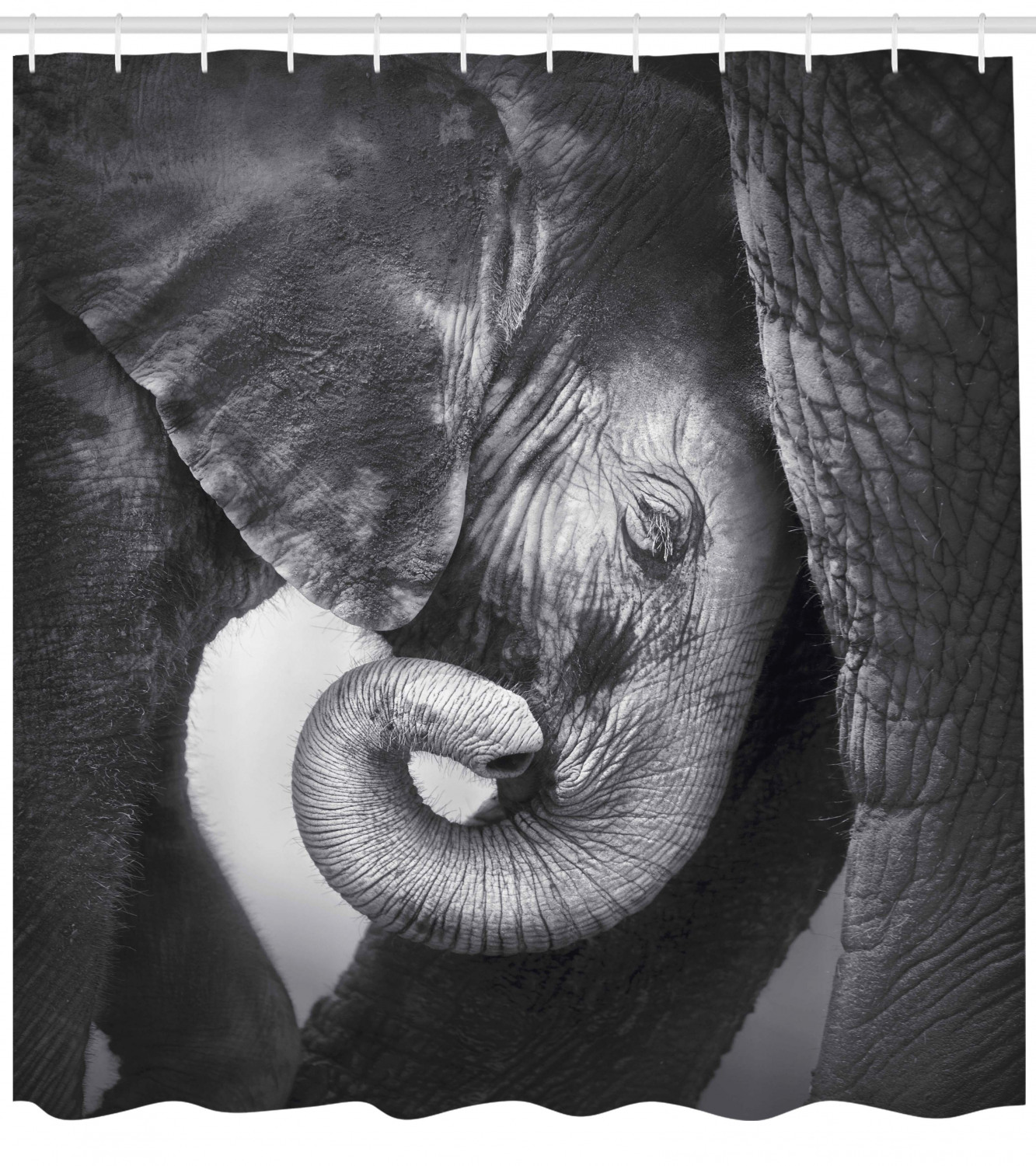Monochrome Baby Elephant Portrait Print Shower Curtain - Image 2