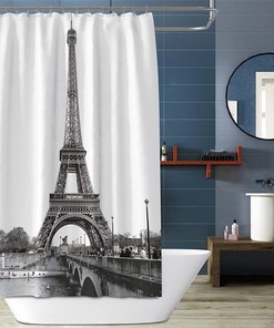 Monochrome Eiffel Tower Shower Curtain With Metal Grommets And Plastic Hooks For Your Bathroom