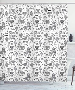Monochrome Llama Pattern Shower Curtain With Abstract Triangles And Doodles For Bathroom Decor, White Charcoal Grey