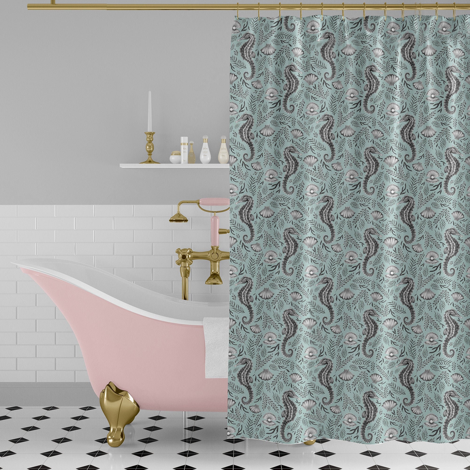 Monochrome Seafoam Royal Reef Shower Curtain in 3 Sizes - Beautiful Bathroom Decor