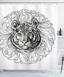 Monochrome Tiger Leaves Shower Curtain for Vintage Bathroom