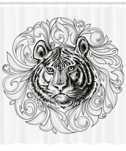 Monochrome Tiger Leaves Shower Curtain for Vintage Bathroom