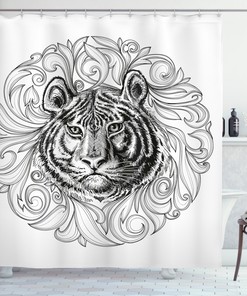 Monochrome Tiger Leaves Shower Curtain for Vintage Bathroom