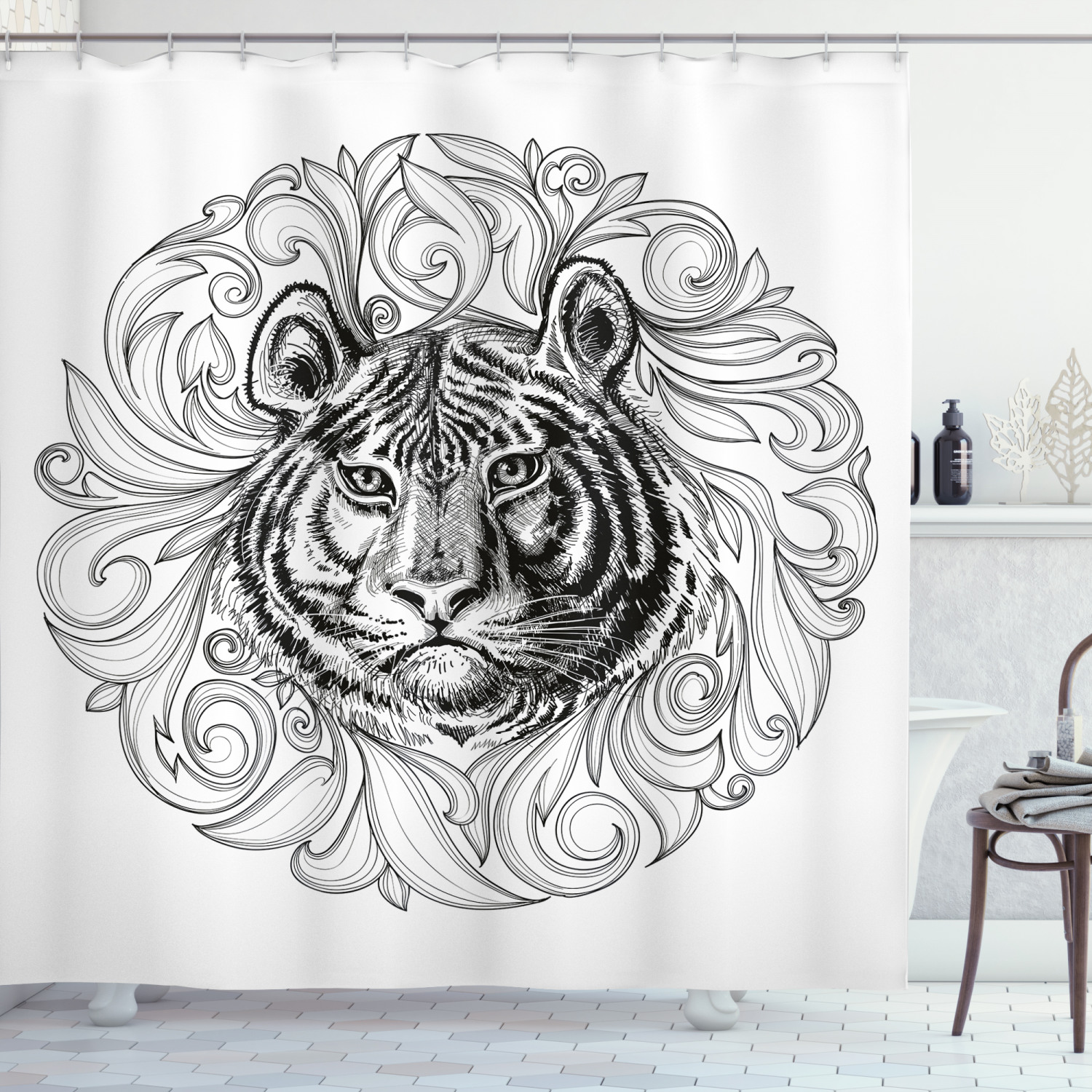 Monochrome Tiger Leaves Shower Curtain for Vintage Bathroom