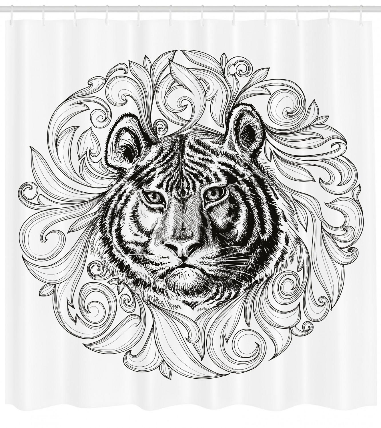 Monochrome Tiger Leaves Shower Curtain for Vintage Bathroom