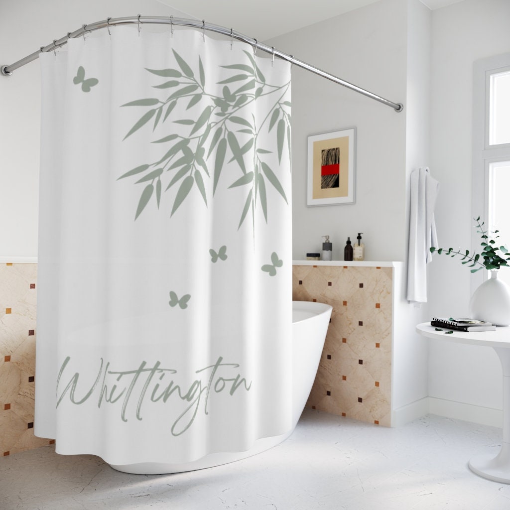 Monogram Sage Green Vine Personalized Shower Curtain, Farmhouse Monogrammed Bathroom Decor
